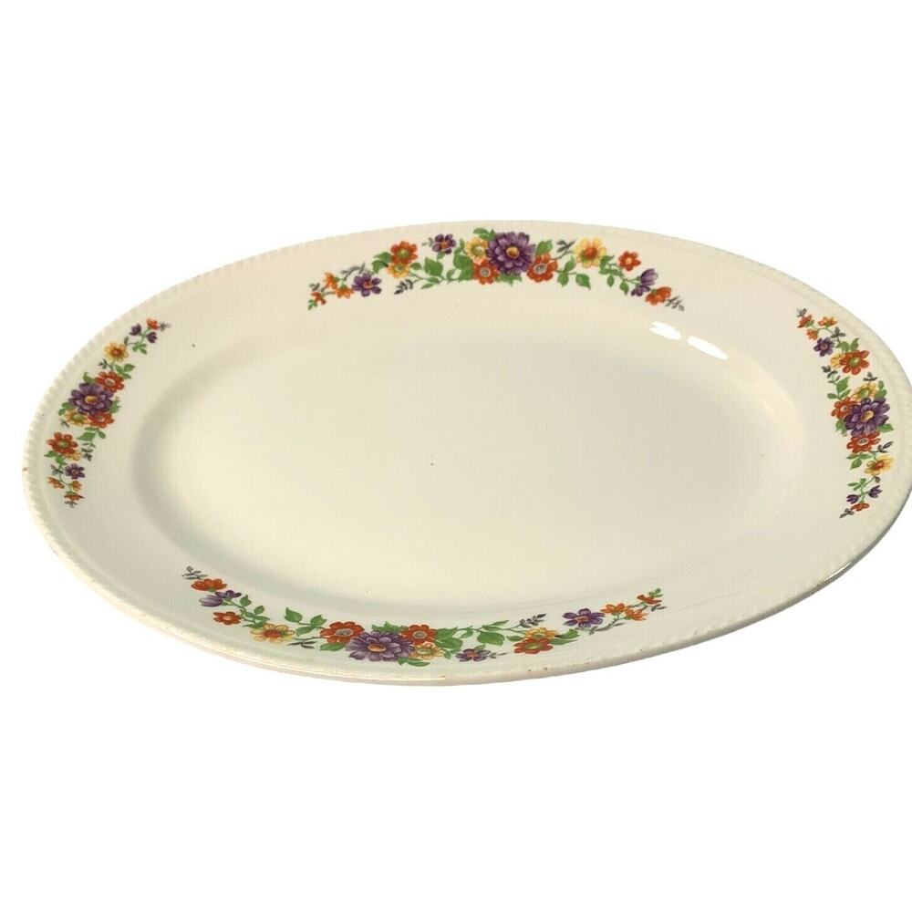 Vintage Crown Ivory China Platter Oval Purple Orange Yellow Floral Serving Plate